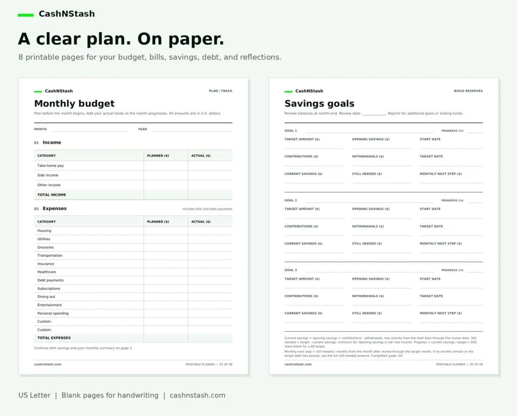 printable monthly budget and savings goal pages with blank fields for handwriting.